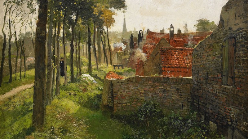 nature, landscape, building, old building, painting, classic art, Frits Thaulow, trees, house, priest