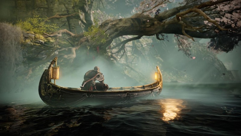 digital art, fantasy art, boat, river, Axe, trees, tree bark, water, mist, lantern, God of War