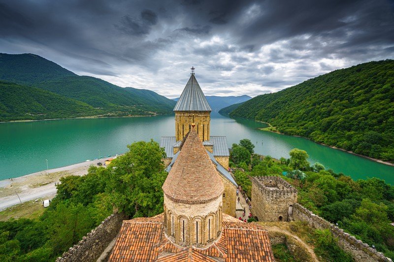 nature, landscape, building, old building, Georgia, tower, river, hills, trees, forest, clouds, monastery