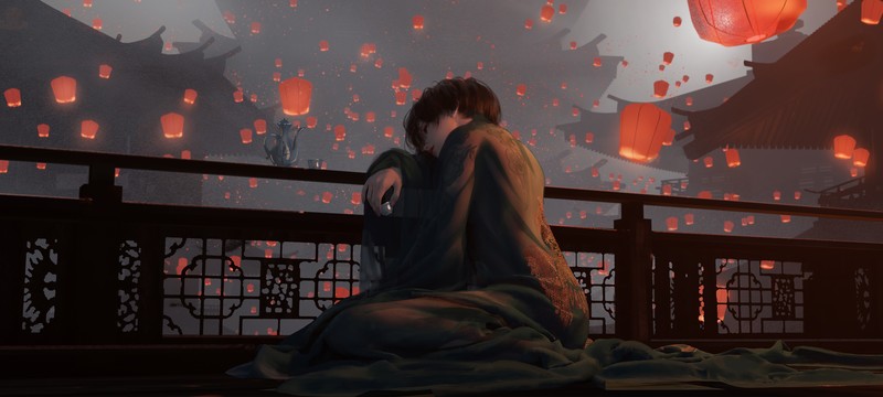 anime girls, short hair, Lantern Festival, black hair, dark hair, digital art, drinking, overdrunk, drunk, WLOP