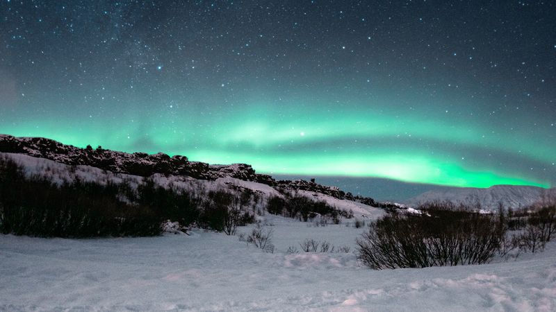 northern lights, aurora, night, starry sky, north, snow, landscape, 4k