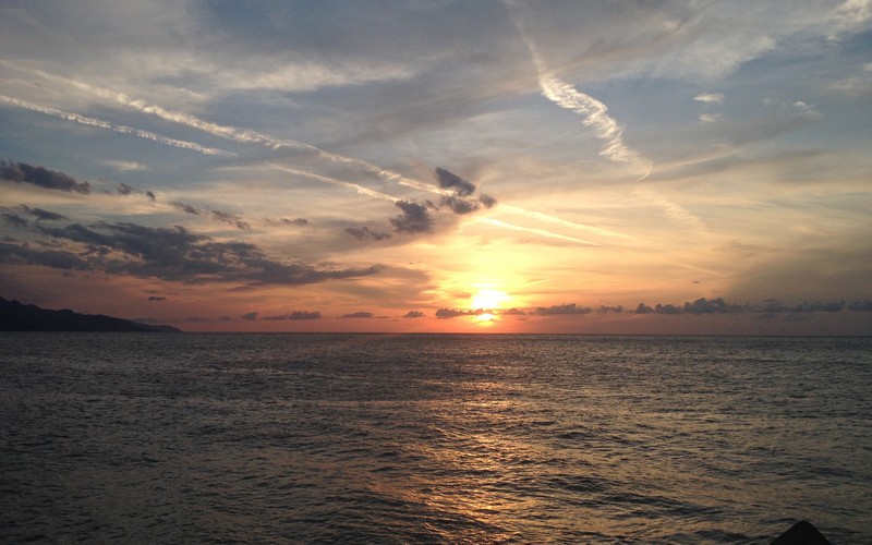 sunset, nature, beach, ocean view, chemtrails