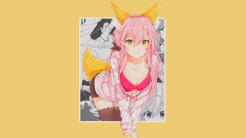 anime, anime girls, minimalism, simple background, picture-in-picture, speech bubble, big boobs, Fate/Extra, Tamamo no Mae (fate/grand order), Tamamo, looking at viewer, smiling, yellow eyes, cleavage, pink coat, pink hair, legs together, Fox ears, fringe hair, long hair, fox girl, fox tail