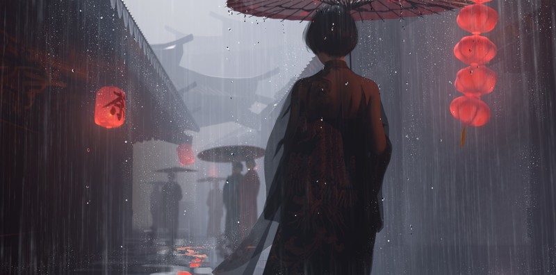 anime girls, short hair, Lantern Festival, black hair, dark hair, digital art, WLOP