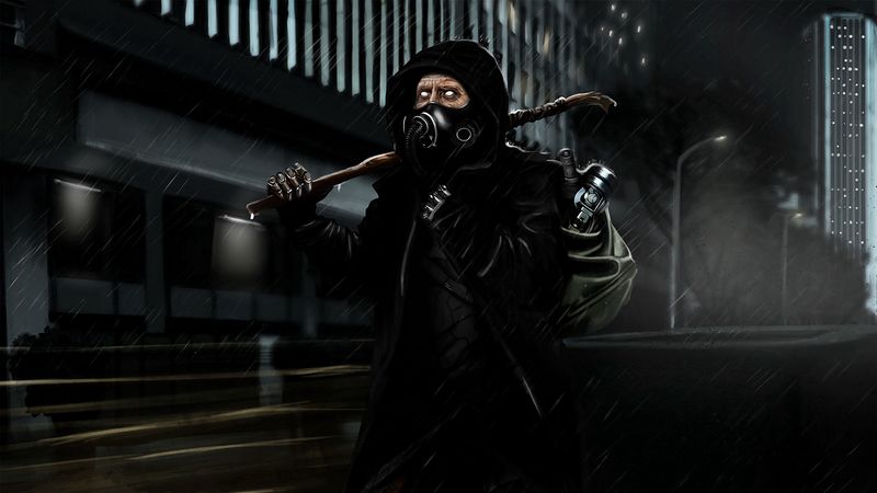 cyborg, cyberpunk, post-apocalypse, mask, backpack, city, night, rain, 4k
