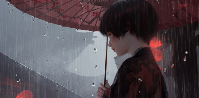 anime girls, short hair, Lantern Festival, black hair, dark hair, digital art, WLOP