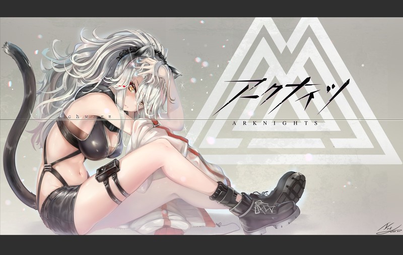 Arknights, video games, video game characters, Schwarz(Arknights), cleavage, tail, long hair, yellow eyes, hands in hair, boots, sideboob, anime, white hair