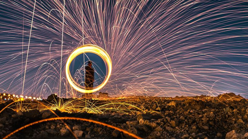 sparks, fire show, long exposure, movement, glow, bright, circle, 4k