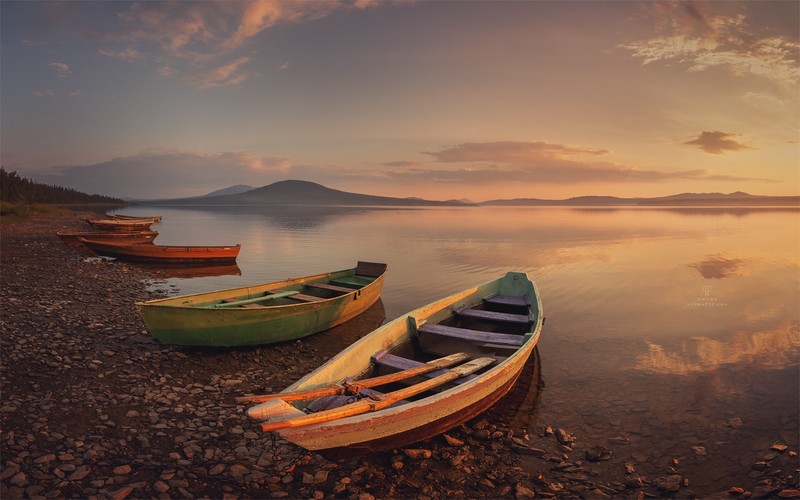 Dmitry Kupratsevich, landscape, sunset, boat, water, shore, nature, reflection, horizon, sky, vehicle