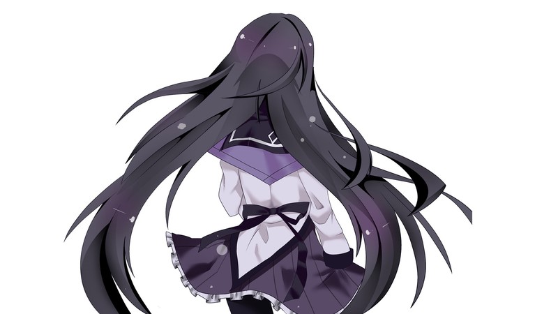Mahou Shoujo Madoka Magica, Akemi Homura, long hair, black hair, school uniform, white background, anime girls, anime