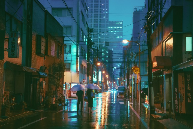 Japan, neon, night, city, building, rain, umbrella, city lights