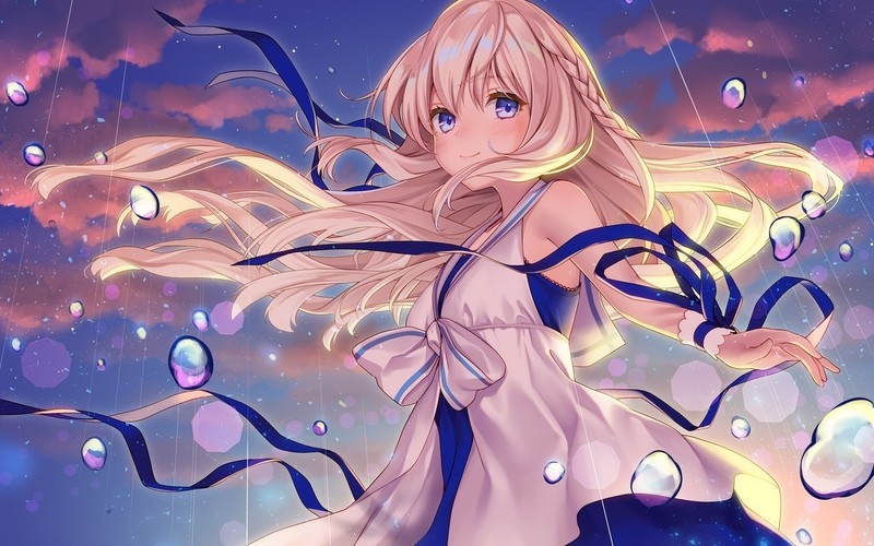 anime girls, long hair, clear sky, pink clouds, blue eyes, anime