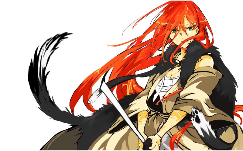 anime girls, redhead, katana, white background, long hair, anime
