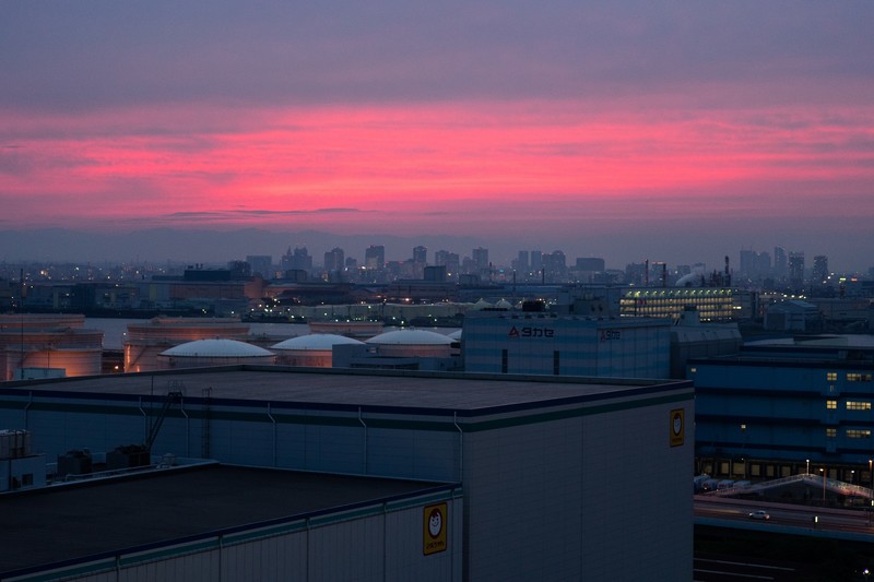Japan, skyline, dusk, pink, rooftops, building, clouds, mountains