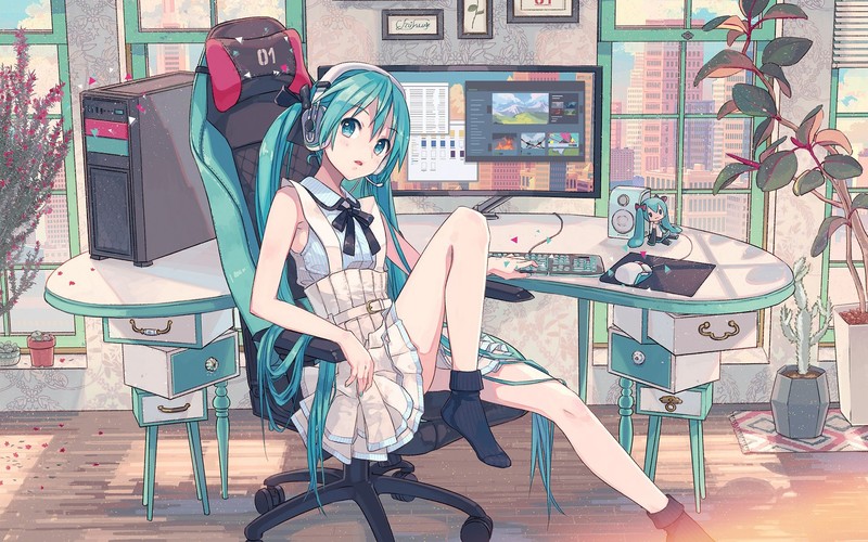 anime, anime girls, women indoors, Hatsune Miku, green hair, legs, computer, Vocaloid