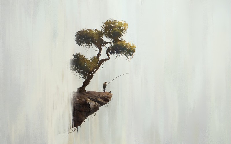 waterfall, trees, rocks, fisherman