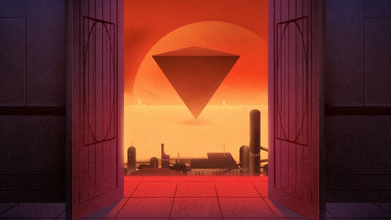 orange, digital art, artwork, science fiction, pyramid, Sun, gates, city, skyline