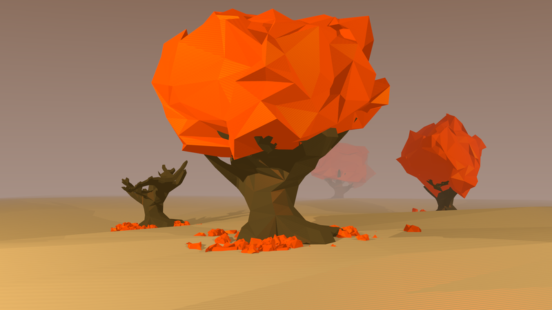 orange, trees, dead trees, leaves, low poly, fall