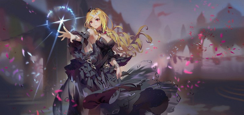 magic, artwork, blond hair, black dress, anime