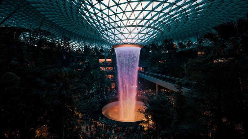 fountain, dome, architecture, modern, building, design, interior, 4k