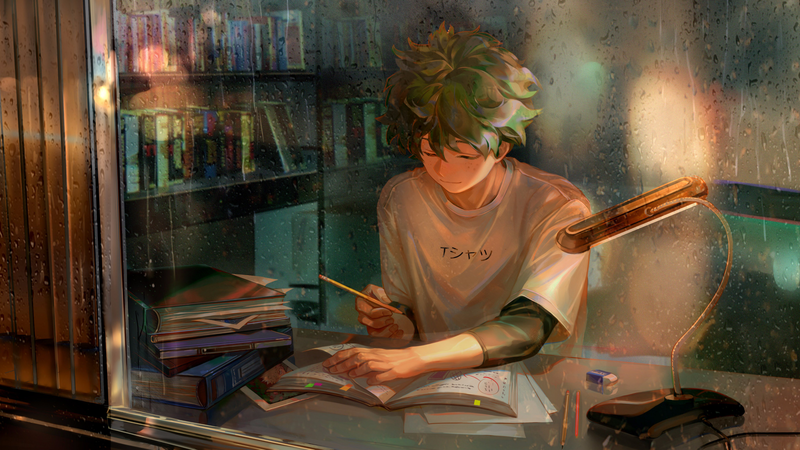 Izuku Midoriya, Boku no Hero Academia, anime, anime boys, green hair, white shirt, pencils, messy hair, closed eyes, books, Eraser, rain, window, glass
