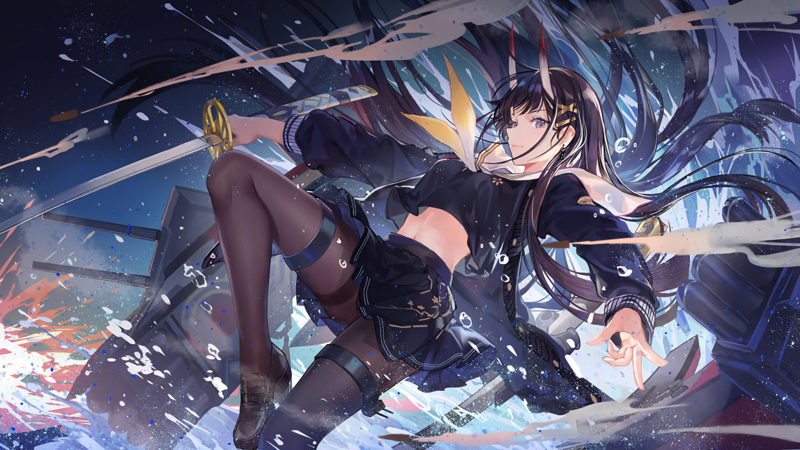 anime girls, legs, horns, dark hair, miniskirt, anime