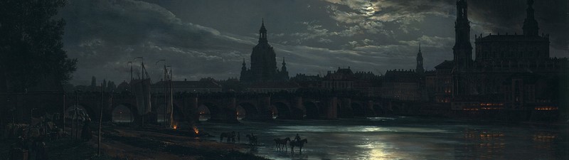 ultrawide, painting, Dresden, moonlight, landscape, Johan Christian Clausen Dahl