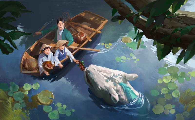 Lee Su Yeon, ArtStation, artwork, digital art, fantasy art, straw hat, lake, berries, boat, lily pads, creature