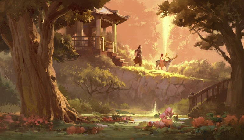 Lee Su Yeon, ArtStation, artwork, digital art, fantasy art, forest, shrine, deer, trees, flowers, stairs