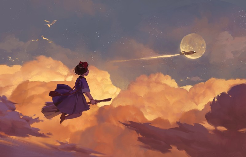 Lee Su Yeon, ArtStation, artwork, digital art, fantasy art, flying, clouds, plains, Moon, broom, birds