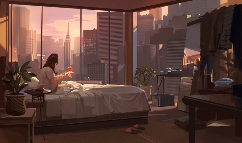 Lee Su Yeon, ArtStation, artwork, digital art, cityscape, slippers, apartment, clothes, plants