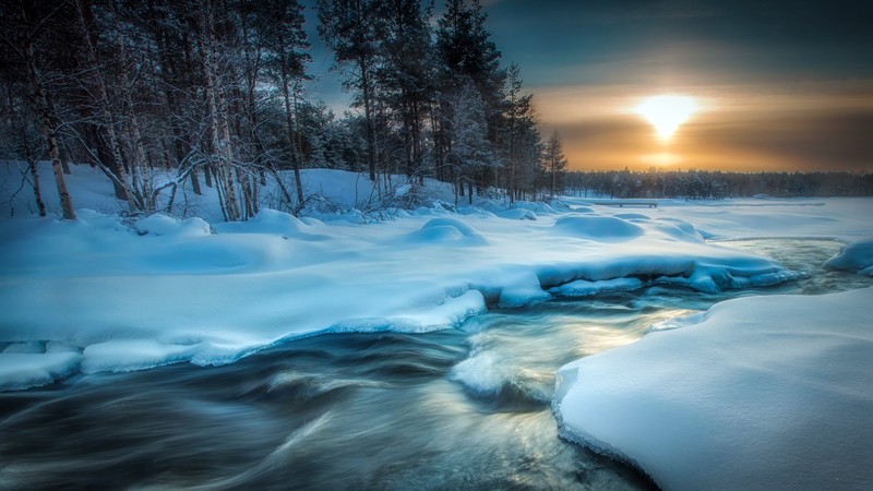 cold, water, winter, Sun, snow, ice, trees, nature, forest, long exposure