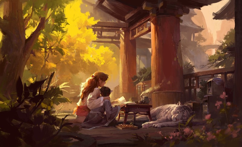 Lee Su Yeon, ArtStation, artwork, digital art, fantasy art, torii, shrine, tiger, food, kettle, flowers