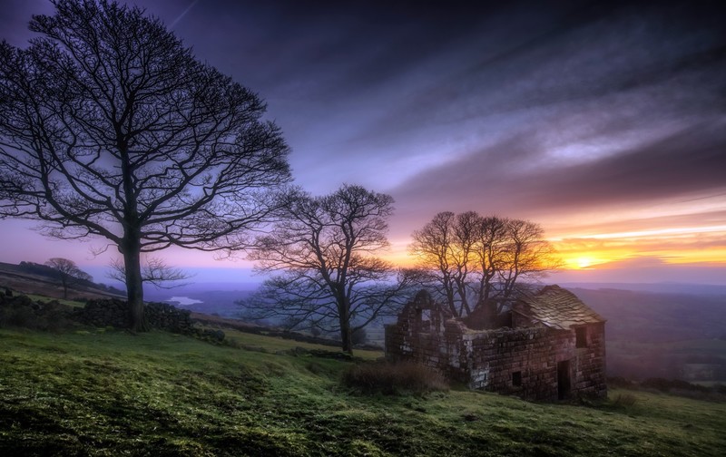 sunset, sky, landscape, outdoors, trees, ruin