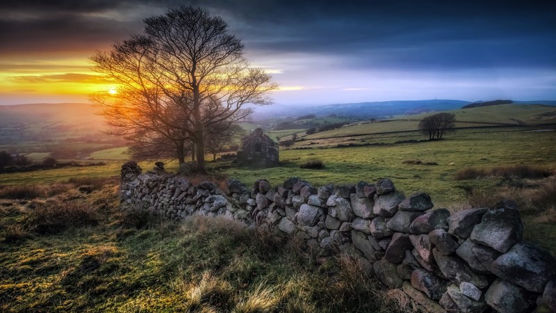 wall, sunset, landscape, outdoors, stones, fence, trees