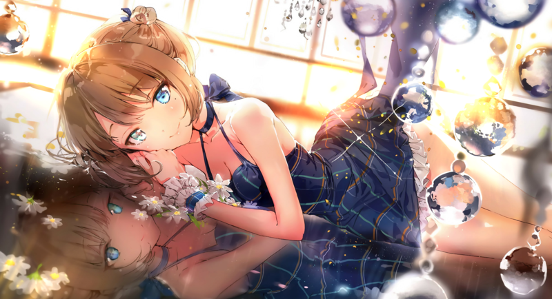anime girls, anime, blue eyes, reflection, blue dress, flowers