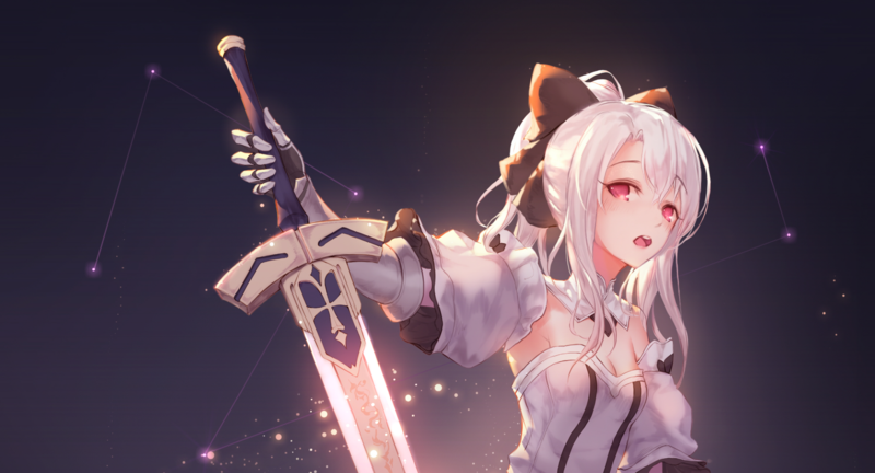anime girls, Girl With Weapon, Fate/kaleid liner Prisma Illya, Illyasviel von Einzbern, anime, open mouth, white hair, sword, looking at viewer, cleavage, tooth, bare shoulders, pink eyes, floating particles, ponytail, simple background, white clothing, small boobs