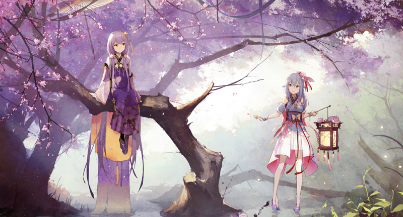 anime girls, anime, trees, fantasy girl, lantern