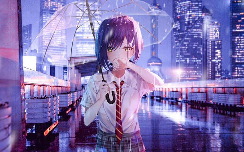 animation, clear sky, Darling in the FranXX, Ichigo (Darling in the FranXX), anime, crying, anime girls, depth of field, umbrella, short hair, white shirt, looking at viewer, necktie, blue hair