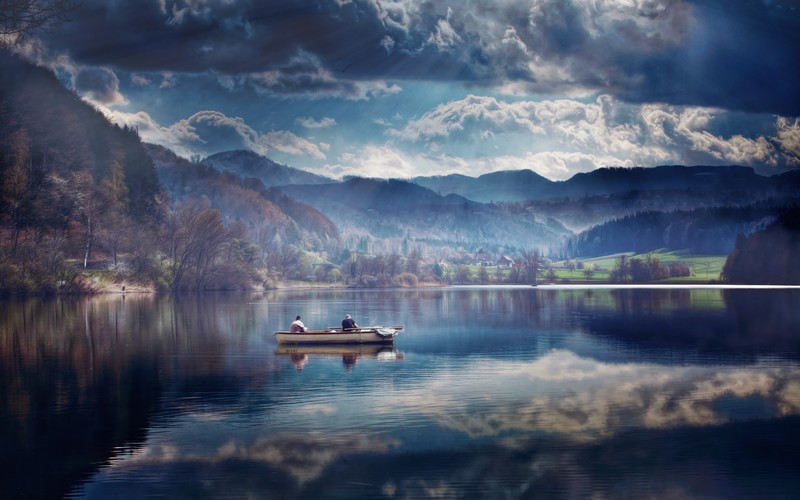 lake, boat, mountains, trees, clouds, sky