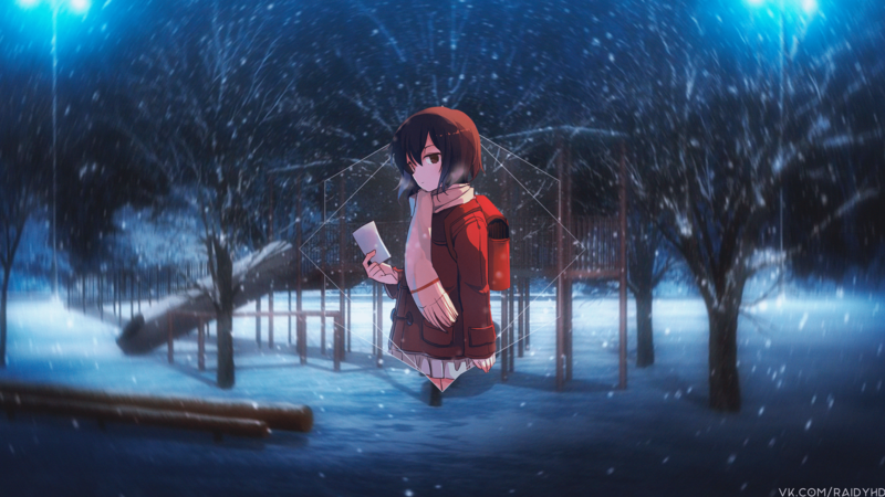anime, anime girls, picture-in-picture, snow, Hinazuki Kayo, Boku dake ga Inai Machi, black hair, short hair, scarf, bag