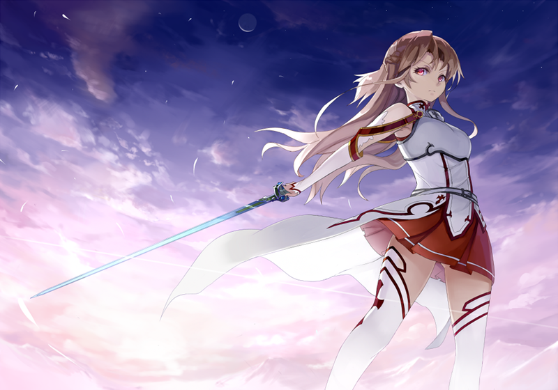 anime, Sword Art Online, Asuna (Sword Art Online), anime girls, sword, weapon, sky, long hair, blonde