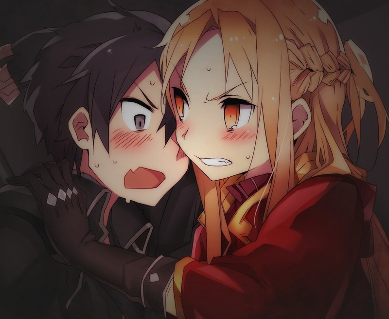 anime, Sword Art Online, Kirito (Sword Art Online), Asuna (Sword Art Online), anime girls, anime boys, blonde, long hair, shy