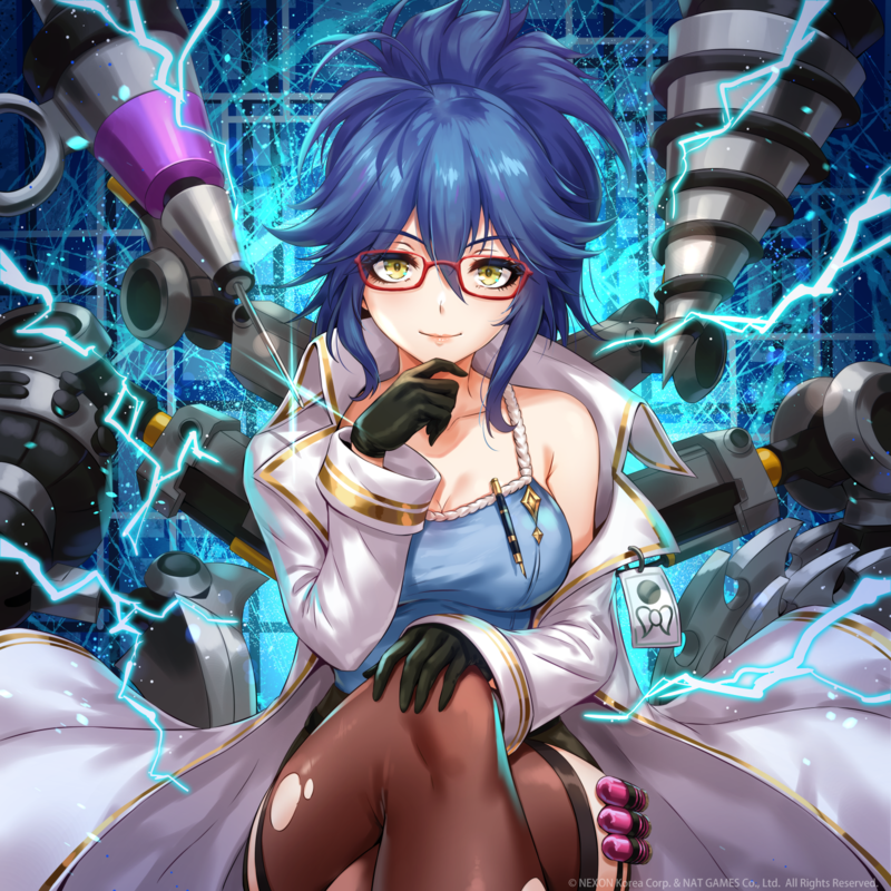 anime, anime girls, digital art, artwork, 2D, portrait display, vertical, blue hair, looking at viewer, legs crossed, smiling, sakiyamama, mech, glasses, stockings, thigh-highs, cleavage, pen, boobs, solo, long hair, fringe hair, ponytail, torn clothes