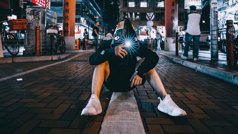 hood, anonymous, street, night city, 4k