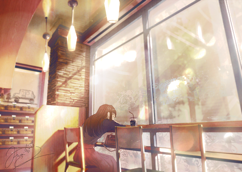 indoors, cafe, anime girls, original characters, anime