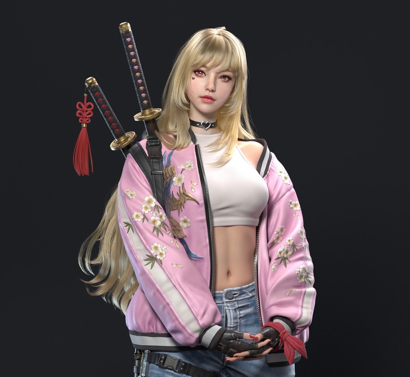 Dong Liuhao, CGI, women, blonde, long hair, straight hair, jacket, weapon, katana, pink, pink clothing, gloves, simple background, jeans, denim, choker, pink eyes