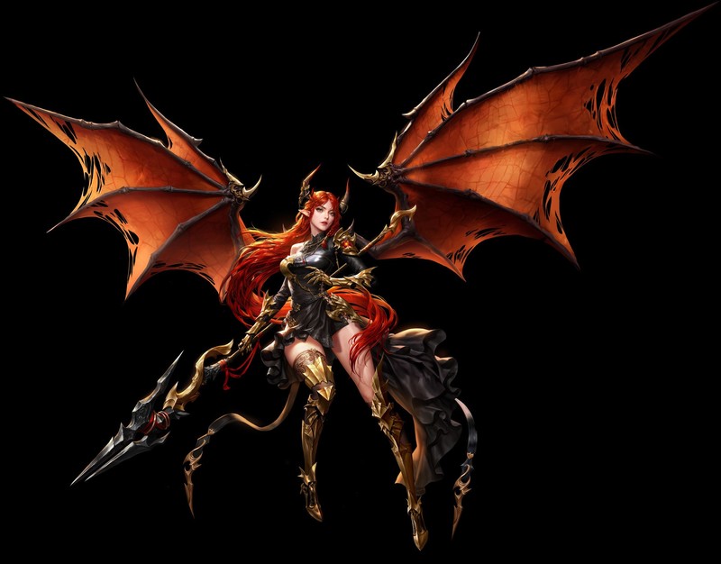 Jungmin Jin, drawing, women, wings, warrior, weapon, tail, redhead, long hair, flying, simple background, black background