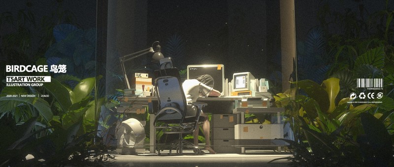 T5, artwork, anime, plants, computer, chair, work