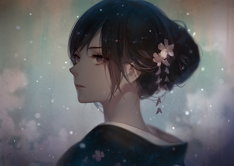 hairbun, brunette, kimono, original characters, anime
